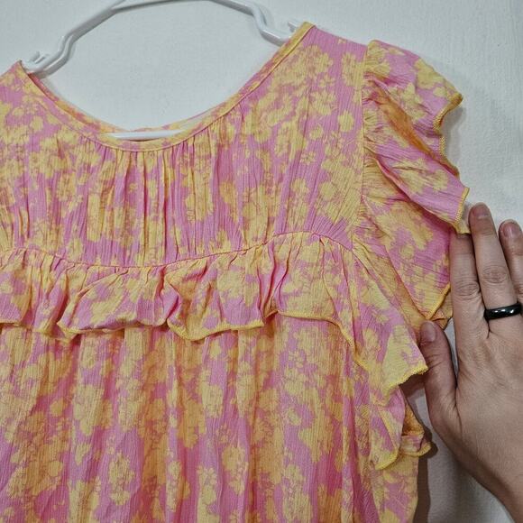 Adora Pink Yellow Ruffle Sleeveless Floral Top Blouse Size Medium Keyhole Back - Picture 3 of 6